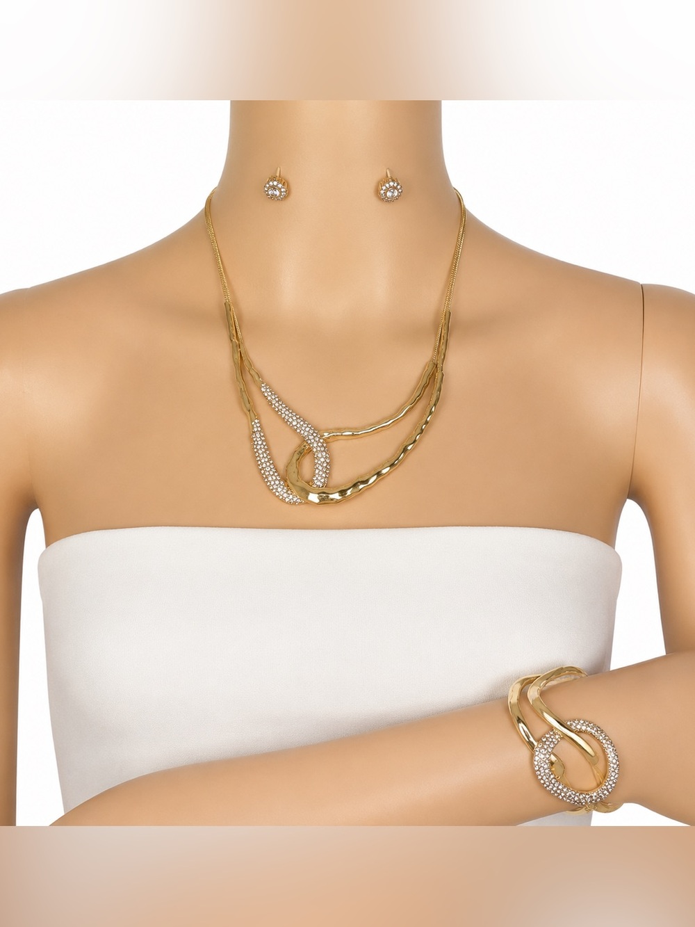 Natasha Gold Tone Rhinestone Necklace Bracelet Earrings Jewelry Set Statement